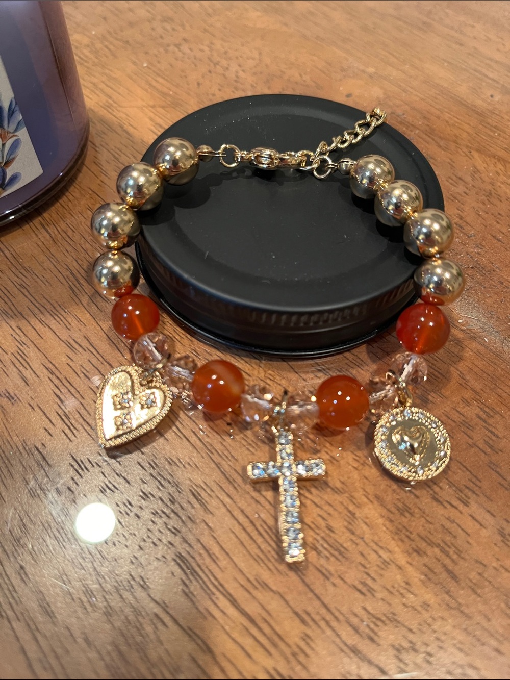 Crystal and Gold Beaded charm Bracelet with Orange Agate Beads
